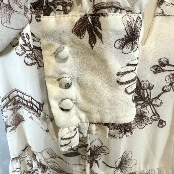 H&M long sleeve ivory and brown scenic blossom print dress size medium - Picture 3 of 7
